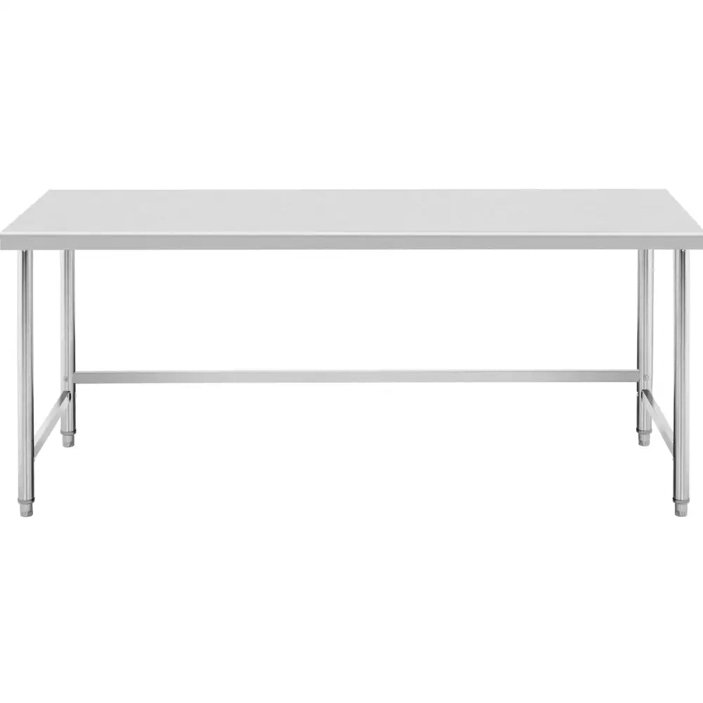 Arbeidsbenk i stål med hvit bordplate, frontvisning som viser rette metallben og tverrstøtte for stabilitet.