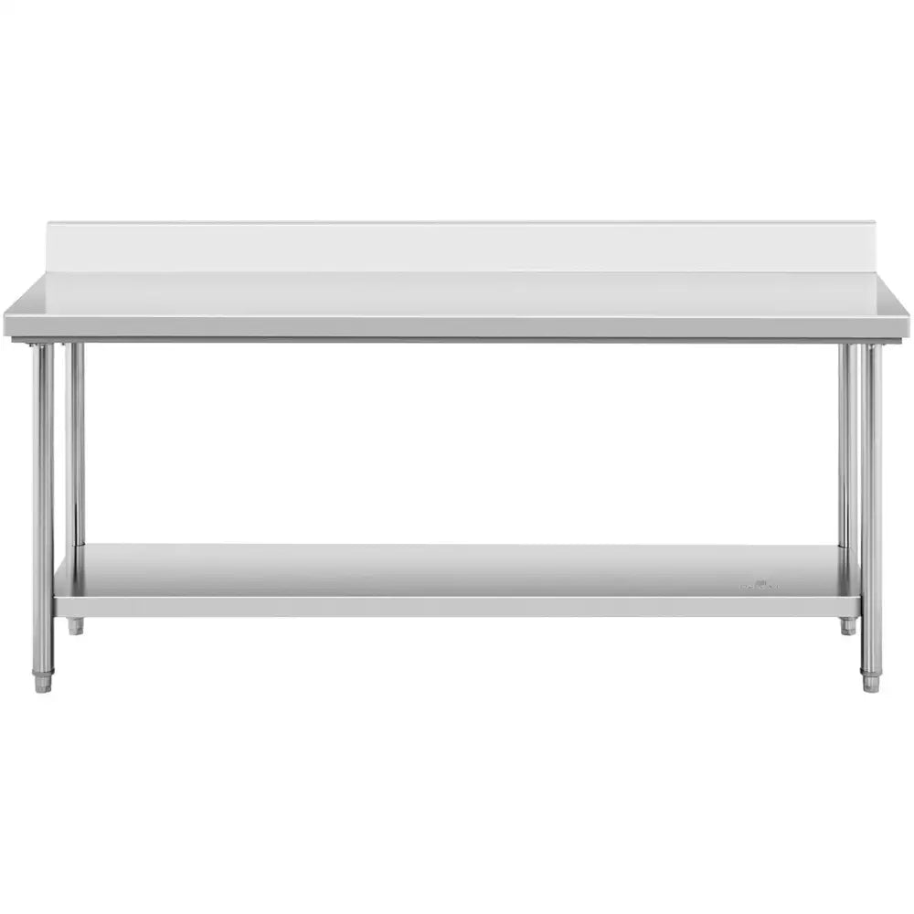 Arbeidsbenk i rustfritt stål, frontvisning med opphøyd bakre rekkverk og praktisk underhylle for oppbevaring.