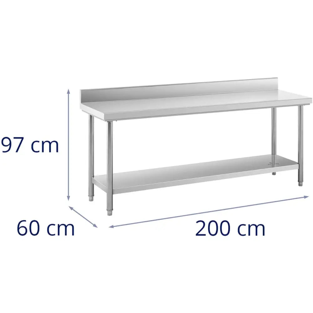 Arbeidsbenk i rustfritt stål med rygglist, sett fra siden, tydelig markert med mål 97x60x200 cm.