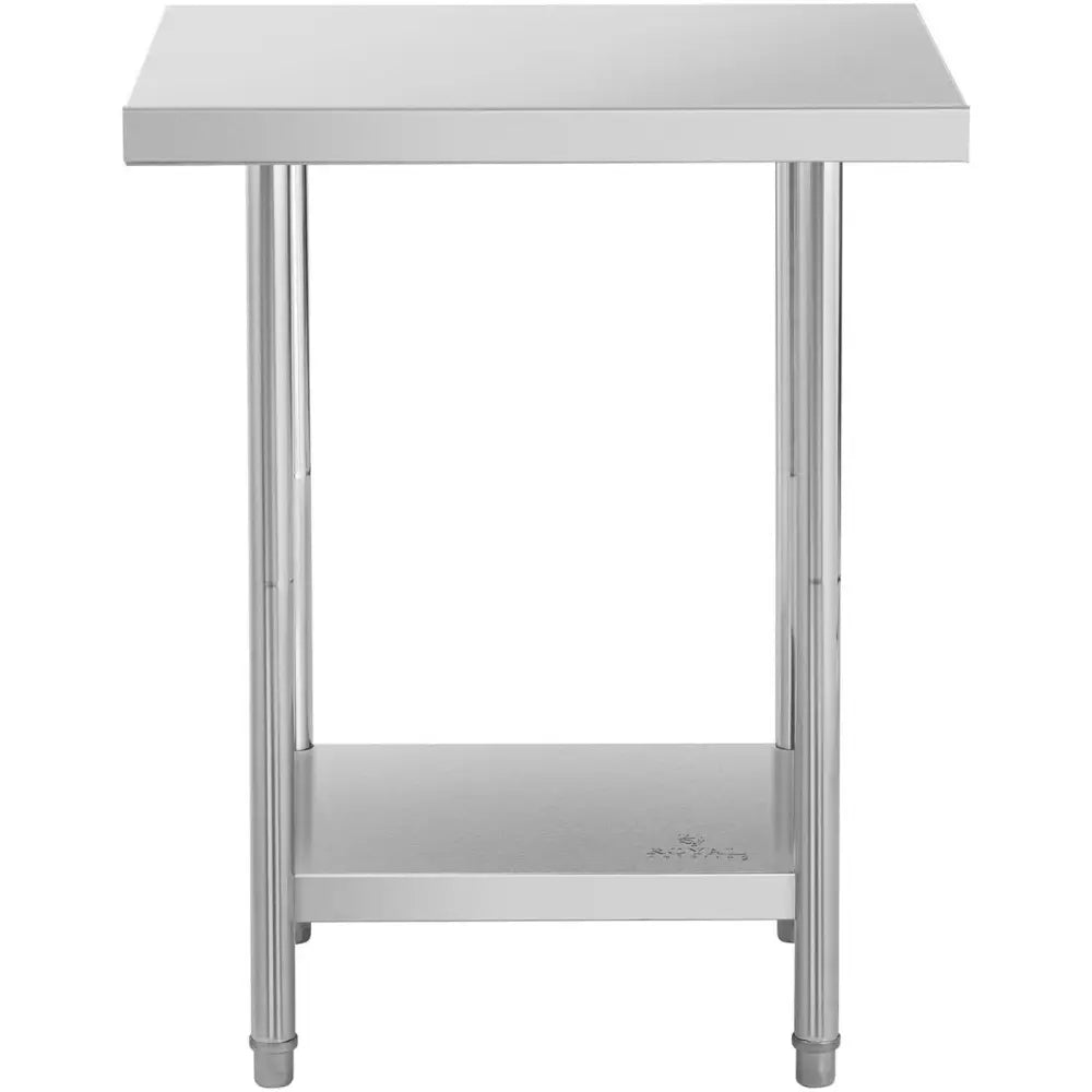 Arbeidsbenk med rustfri stålplate, frontvisning med lav hylle mellom runde ben og glatt overflate.