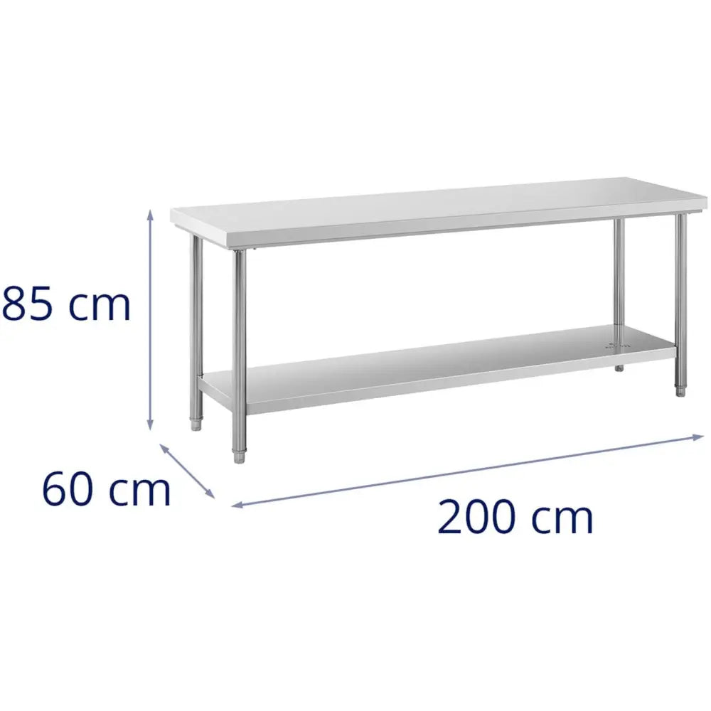Arbeidsbenk i rustfritt stål med sentral underhylle, sett fra siden, mål 200x60x85 cm synlig.