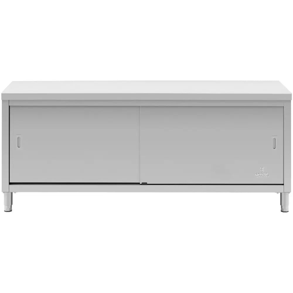 Arbeidsbenk i grått metall med sentral skuff, sett forfra med to skyvedører og integrerte håndtak.