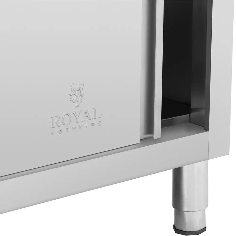 Arbeidsbenk, detalj av rustfritt stålskap med skyvedør, synlig logo og justerbar metallfot nederst.