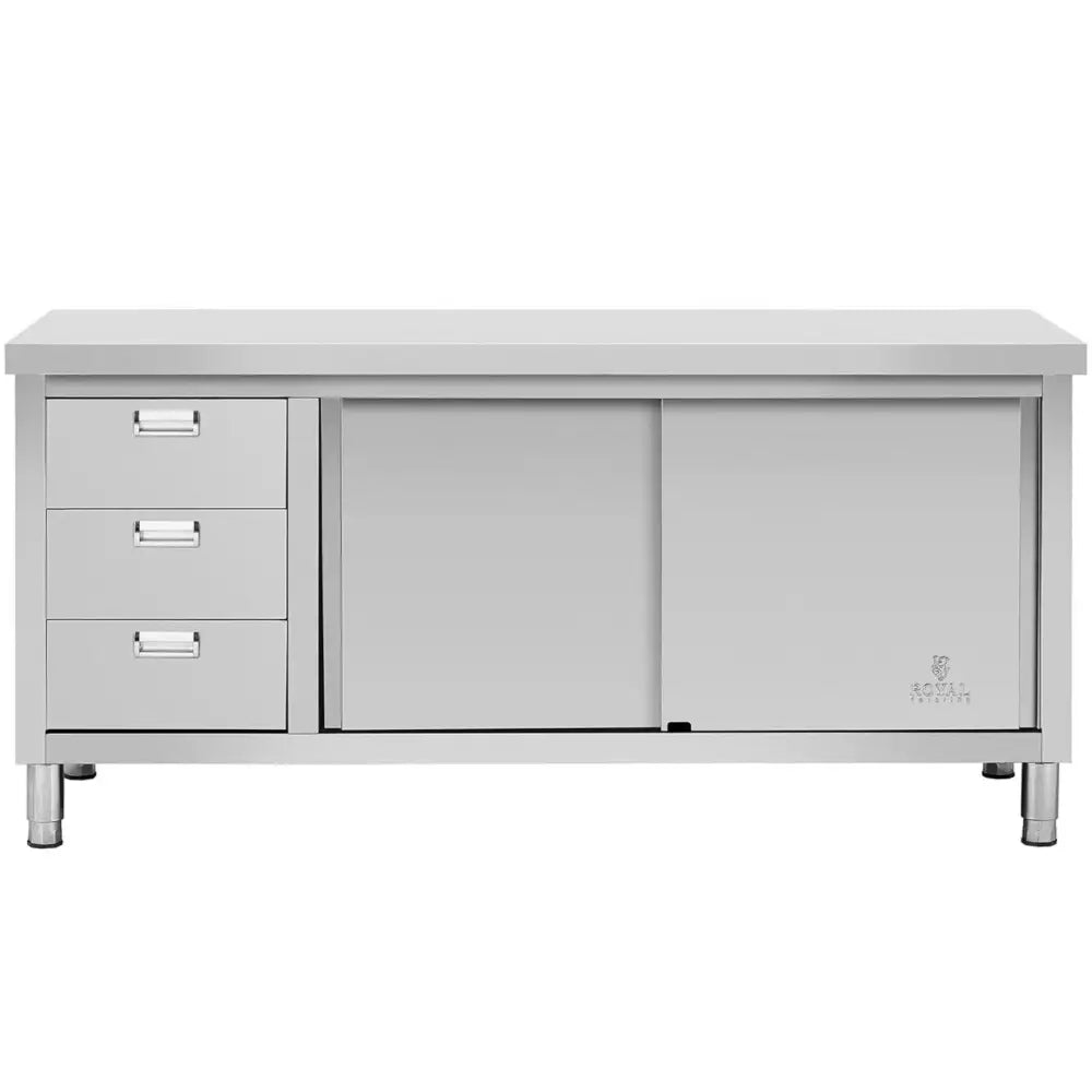Arbeidsbenk i rustfritt stål, frontvisning med tre skuffer til venstre og to skyvedører til høyre.
