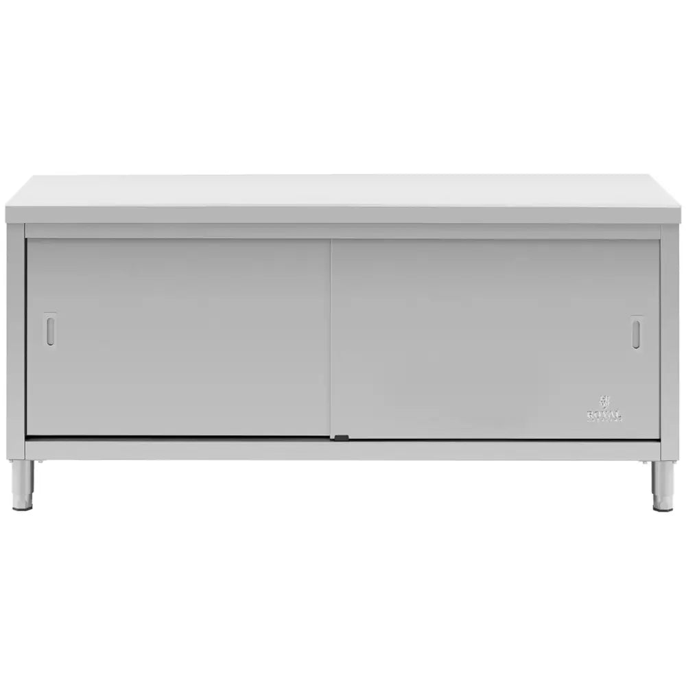 Arbeidsbenk i grått metall med to skyvedører, fire ben og minimalistisk frontvisning.