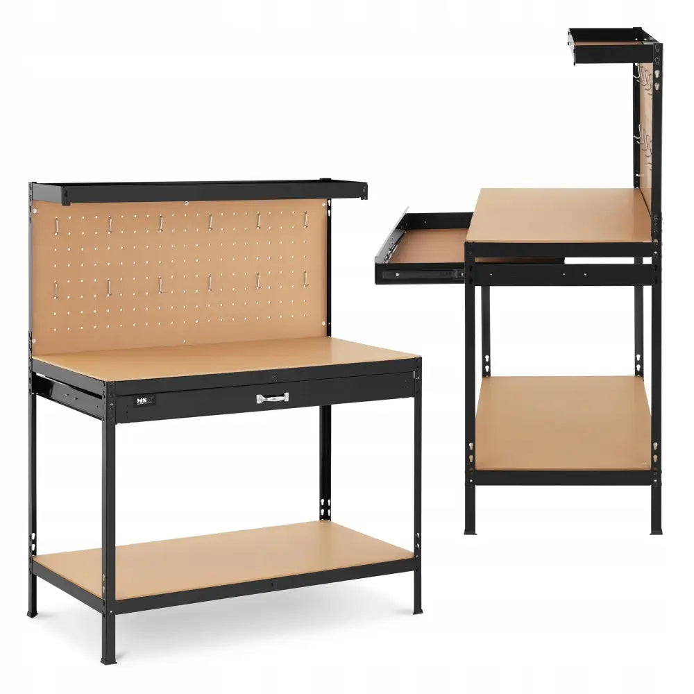 Arbeidsbenk med skuff, front- og sidevisning som fremhever perforert bakplate med kroker og stor hylle nederst.