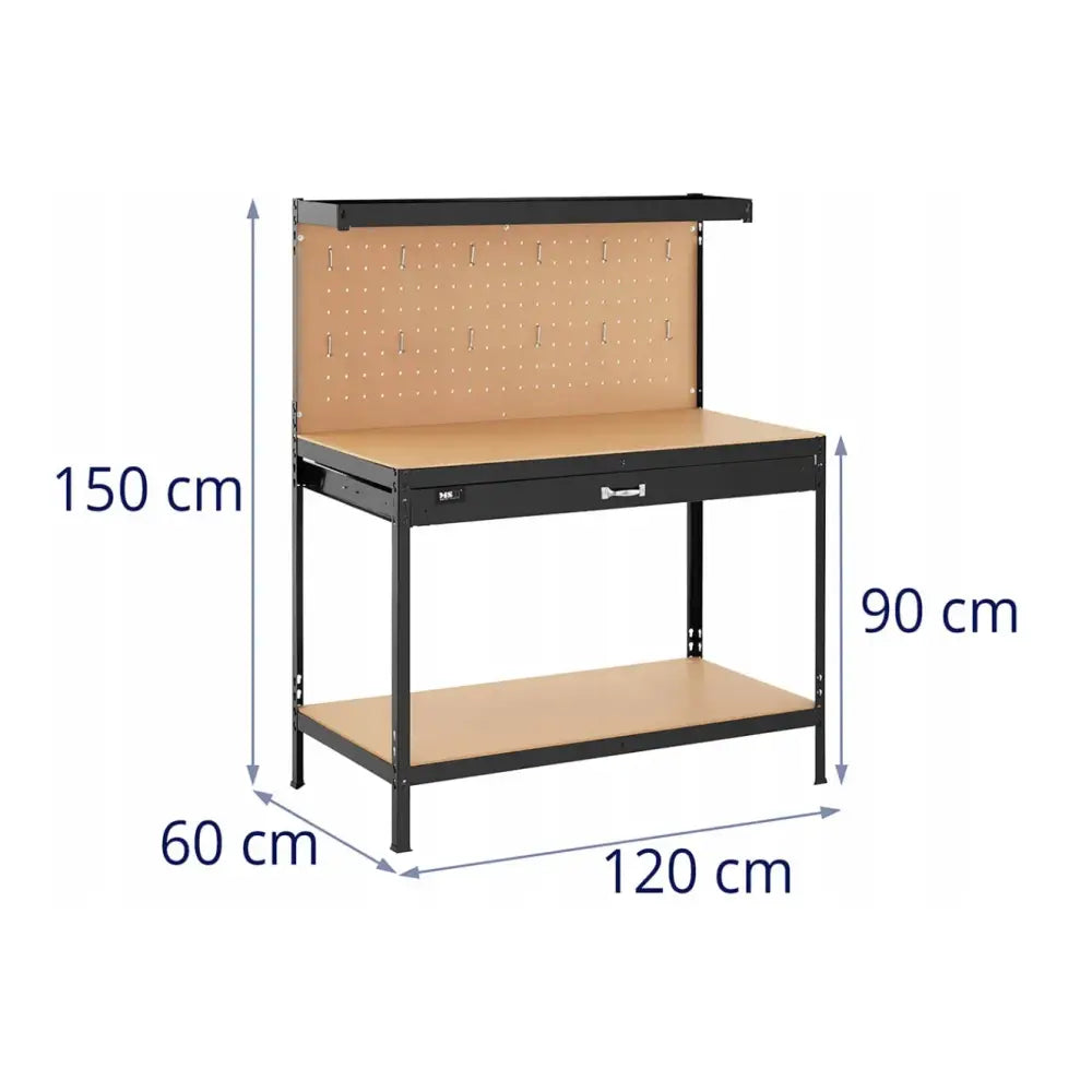 Arbeidsbenk med skuff, frontbilde som viser benkens mål og detaljer i sort metall og lyst treverk.