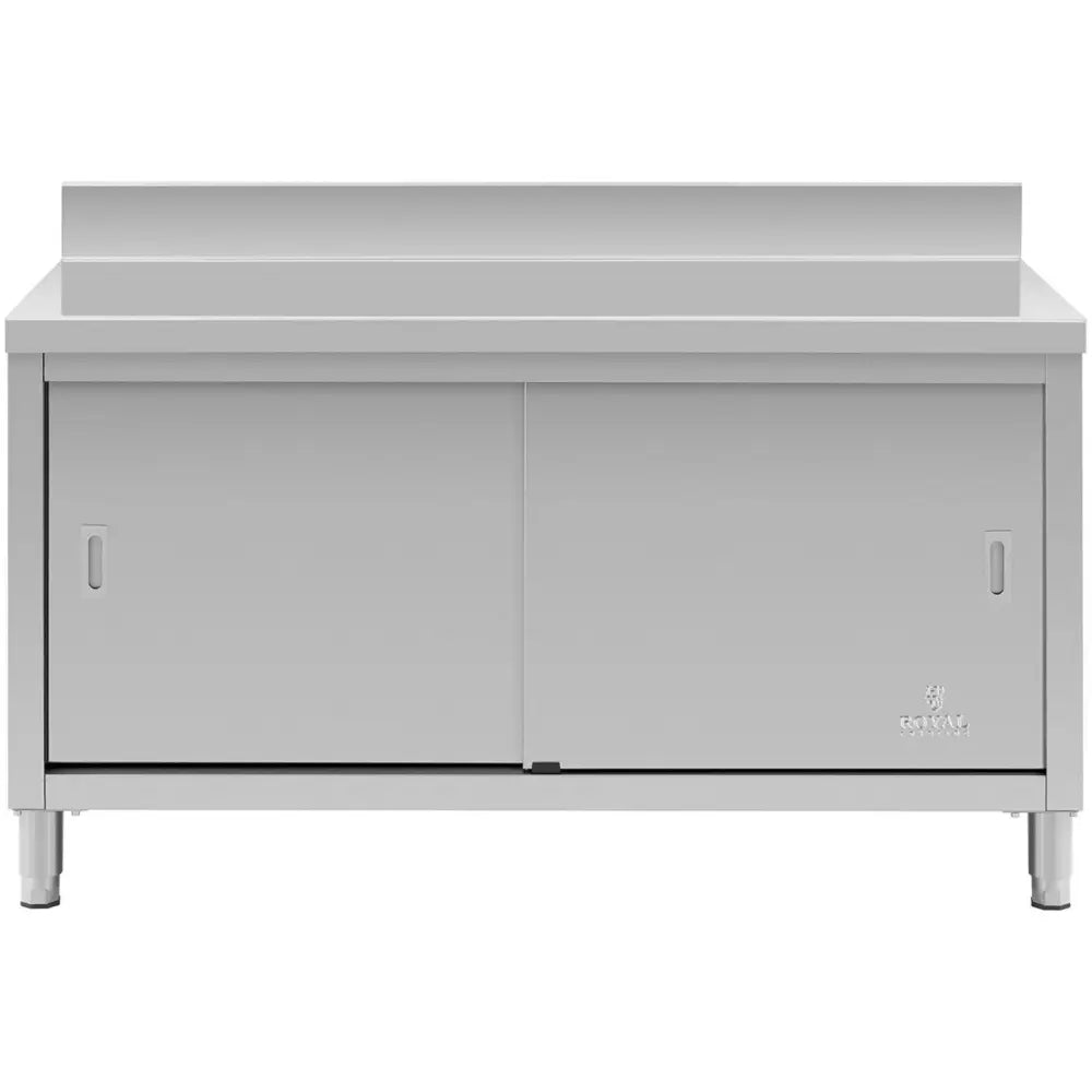 Arbeidsbenk med veggmontert skap, rett forfra, viser skyvedører, høyt ryggbrett og justerbare ben.