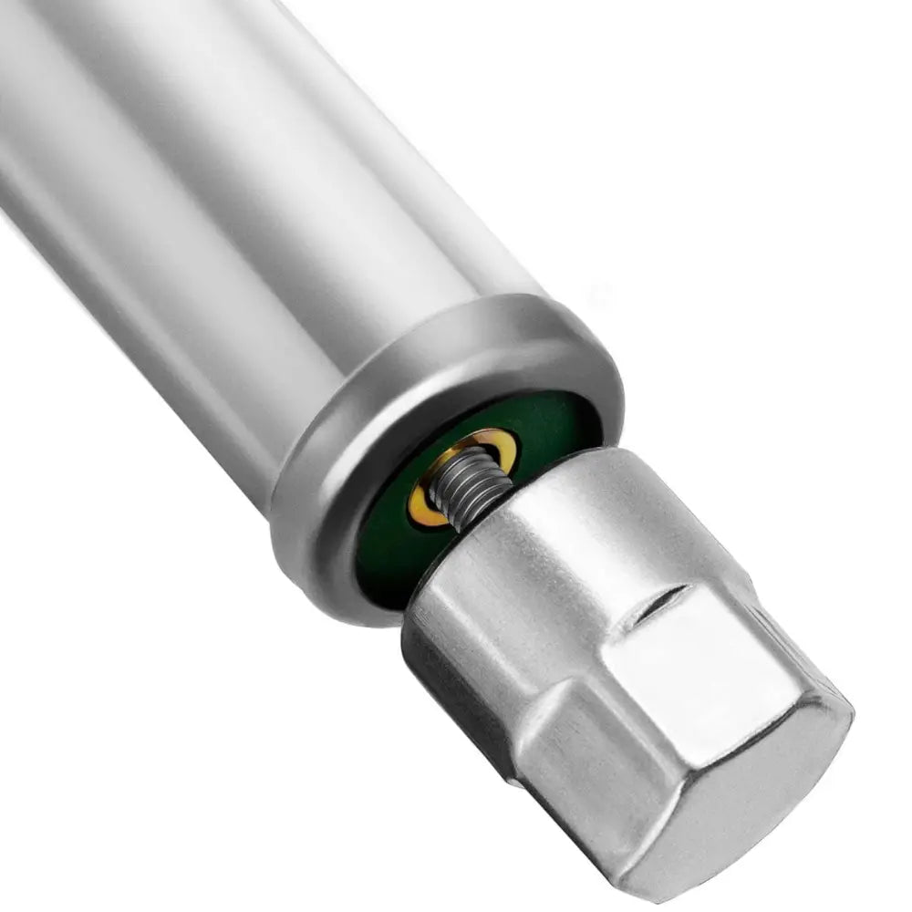 Arbeidsbenk Rustfritt Stål, detaljert nærbilde av metallsyllinder med gjengeskrue og sekskantet mutter.