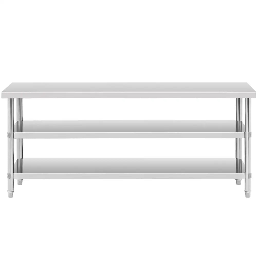 Arbeidsbenk i rustfritt stål, frontvisning med to åpne hyller og solide, runde ben under bordplaten.