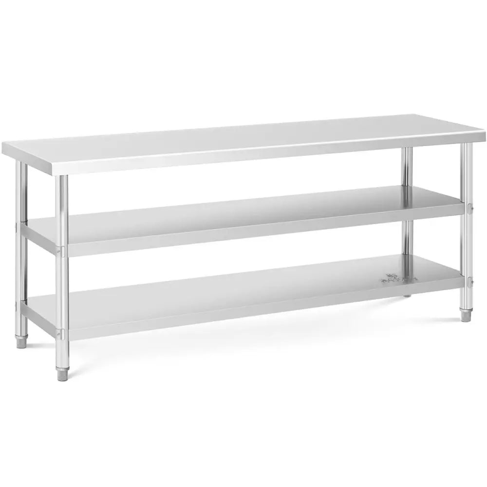 Arbeidsbenk i rustfritt stål med to åpne hyller, sett fra siden, viser ben og blank overflate.