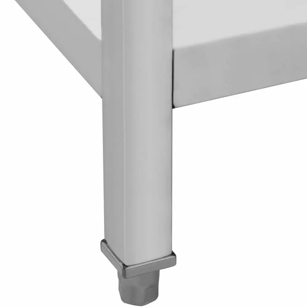 Arbeidsbenk rustfritt stål, nærbilde av firkantet metallben med plastfot festet til solid understell.