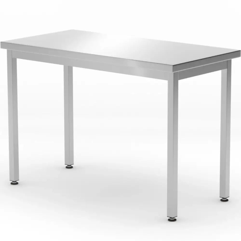 Arbeidsbenk til kjøkken, rustfritt stål med glanset overflate, sett skrått forfra med justerbare føtter.