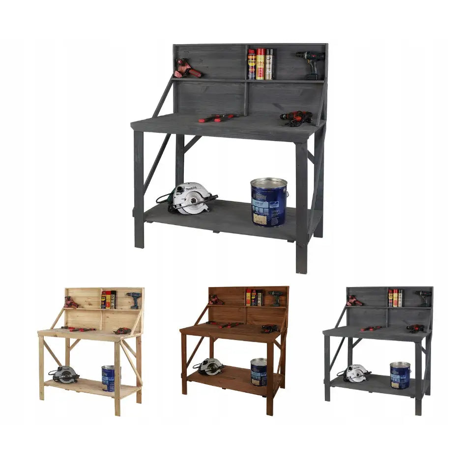 Arbeidsbenk Verksted SWD i fire fargevarianter, vist skrått med verktøy og malingsboks på benkeplatene.