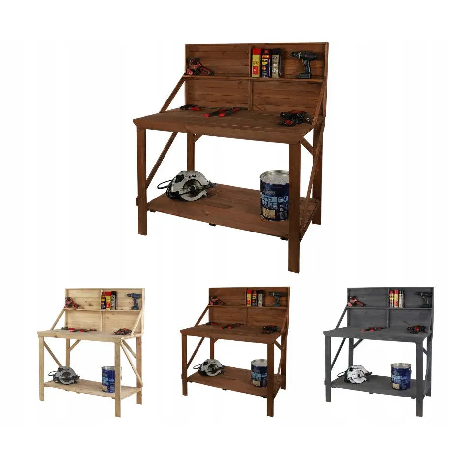 Arbeidsbenk med verktøyplate, fire modeller i ulike farger, arrangert med verktøy og malingsboks på hyller.