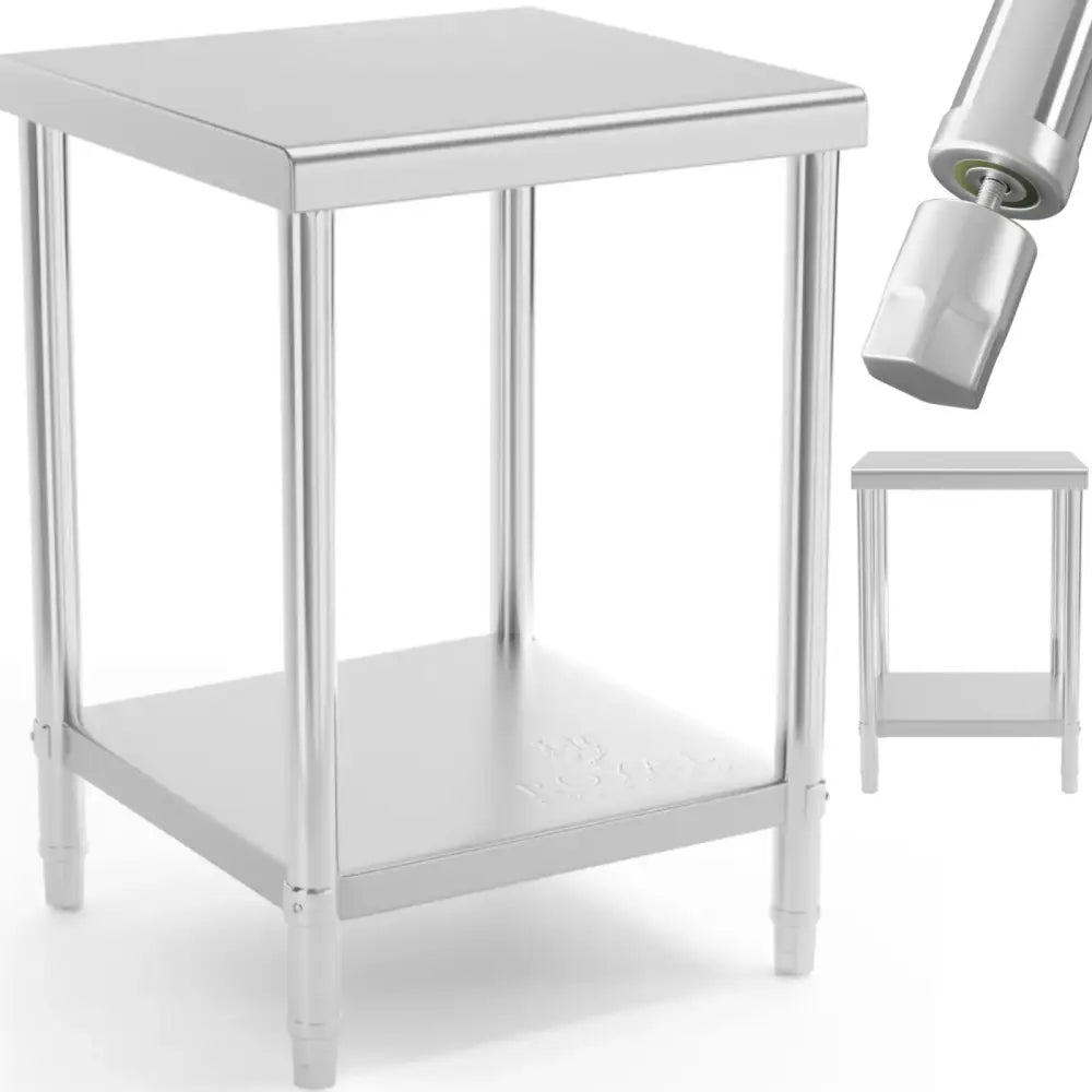 Arbeidsbenkeplate i rustfritt stål, sett fra siden, med sentral hylle og justerbare bein detaljert.