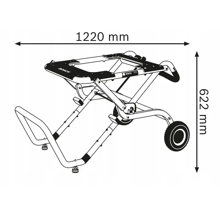 Arbeidsbord GTA 60W, sidevisning av sammenleggbart metallstativ med hjul og mål påført.