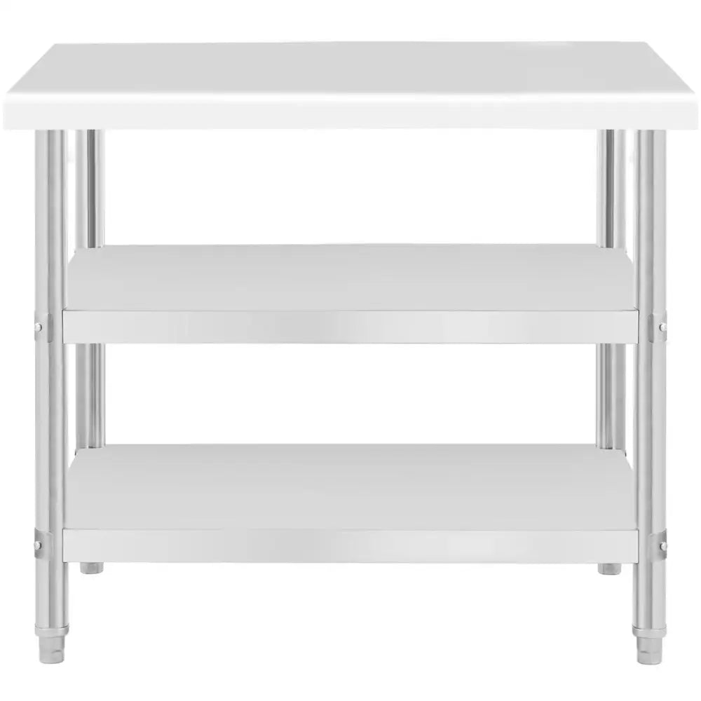 Arbeidsbord i sølvfarget stål, frontbilde som viser to åpne hyller og justerbare ben på glatt understell.