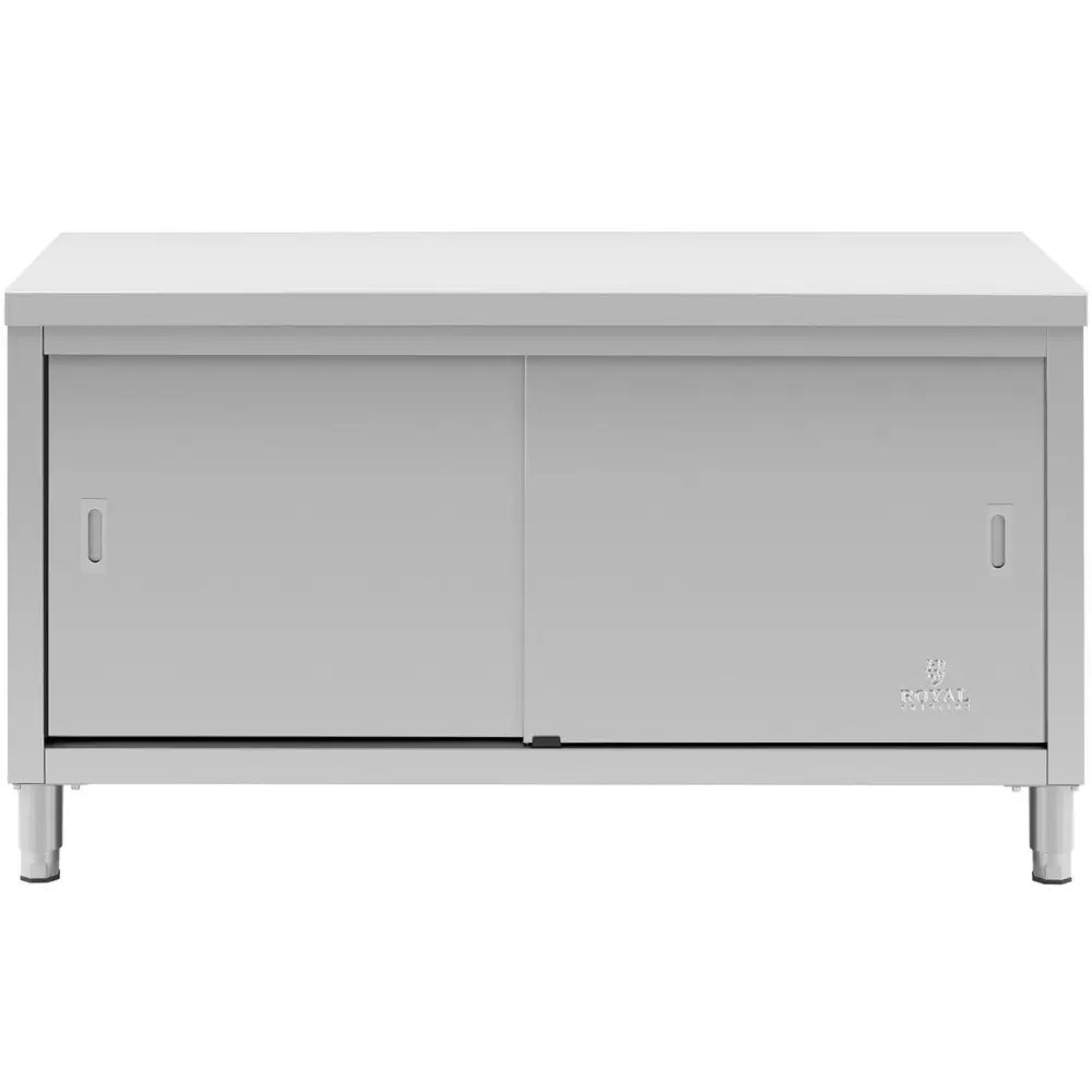 Arbeidsbord med sentral skuff, frontbilde av grått metallskap med skyvedører, justerbare ben og diskret logo.