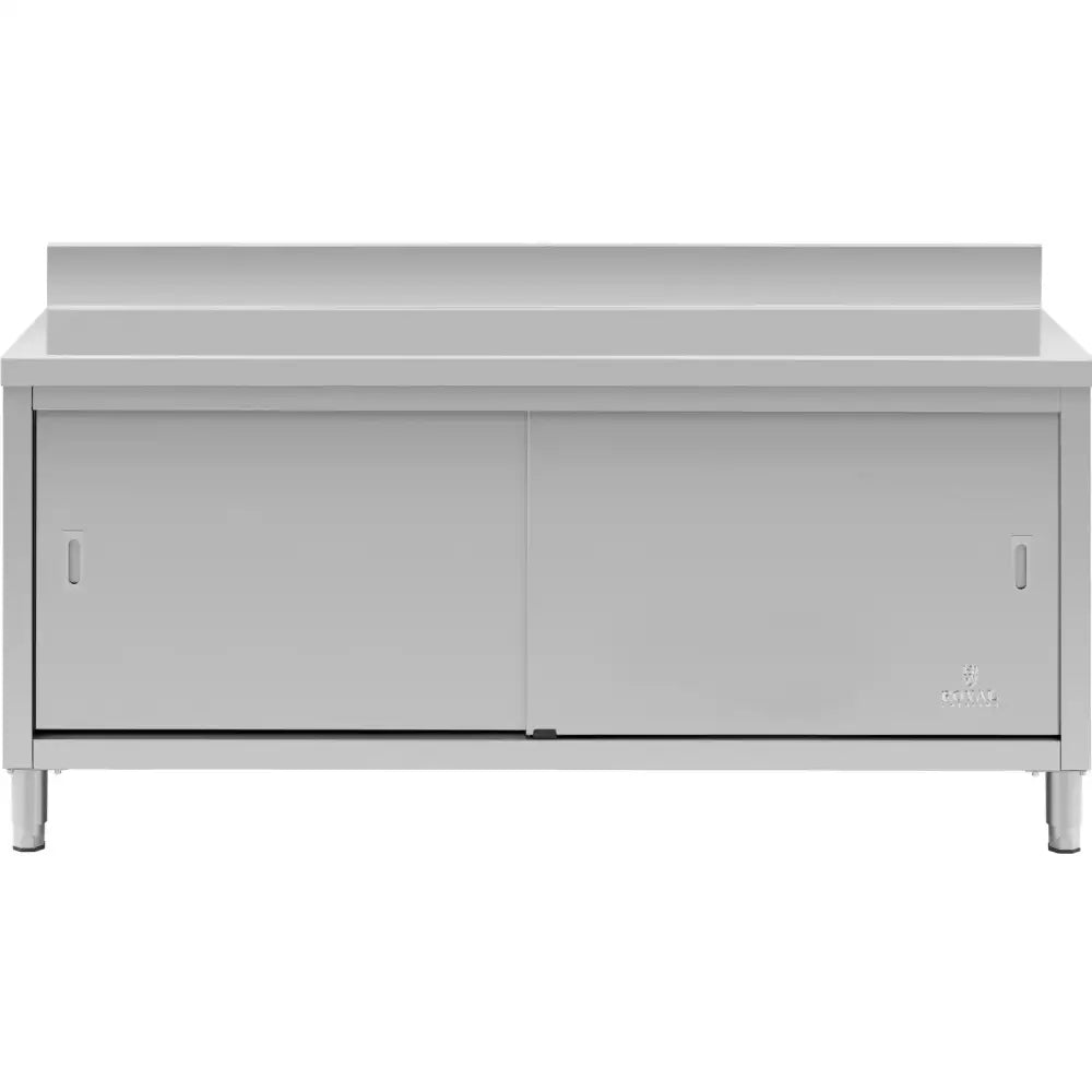 Arbeidsbord i rustfritt stål med sentral skuff, skyvedører og justerbare ben, frontvisning.