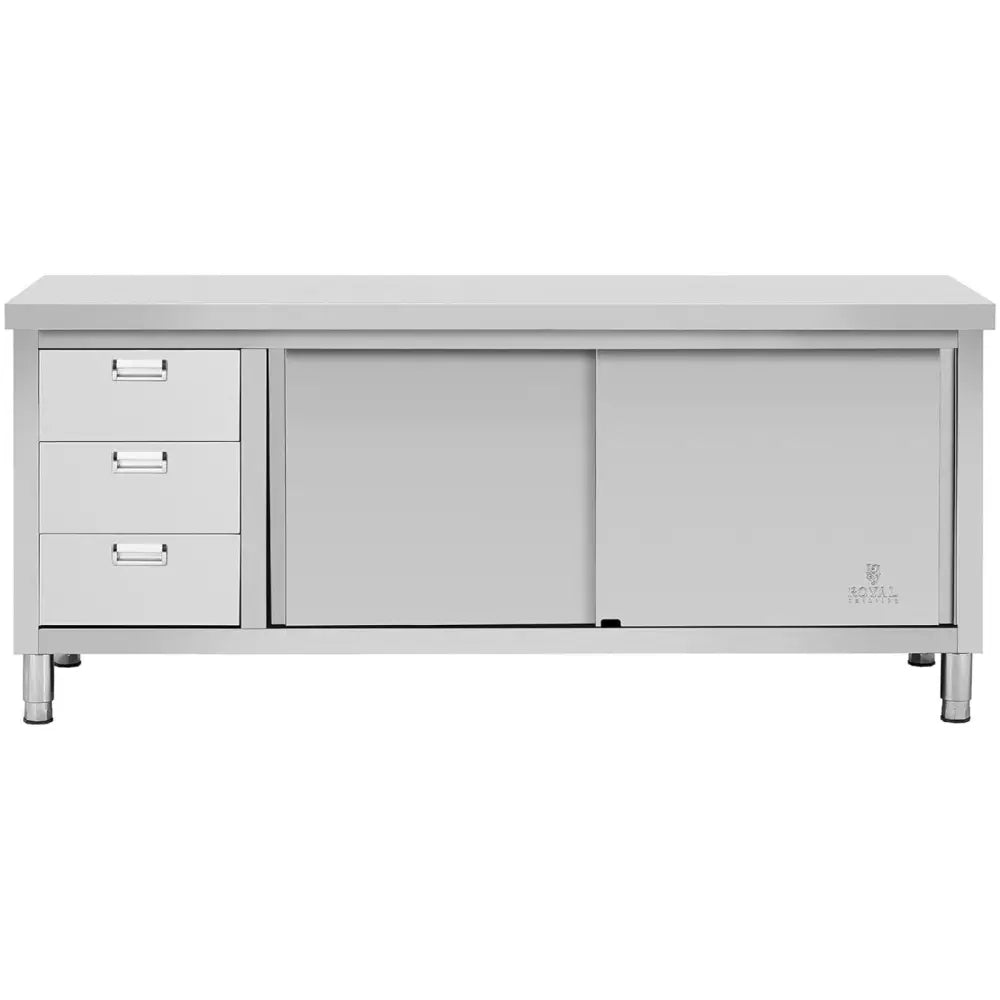 Arbeidsbord i rustfritt stål med tre venstre skuffer og to høyre skyvedører, sett rett forfra på ben.