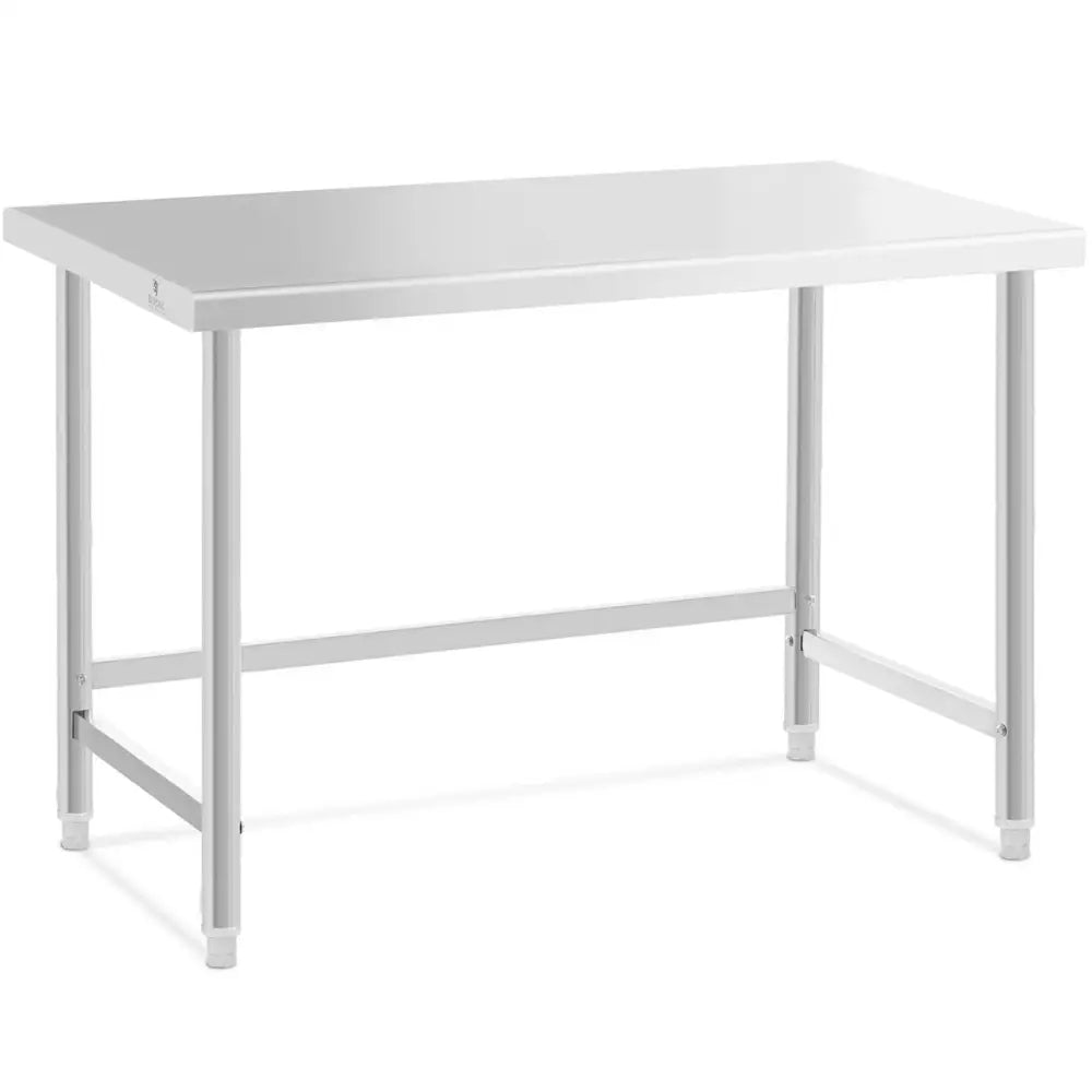 Arbeidsbord med sentral stålplate, skrå sidevinkel som fremhever den solide hvite bordplaten og rette metallben.