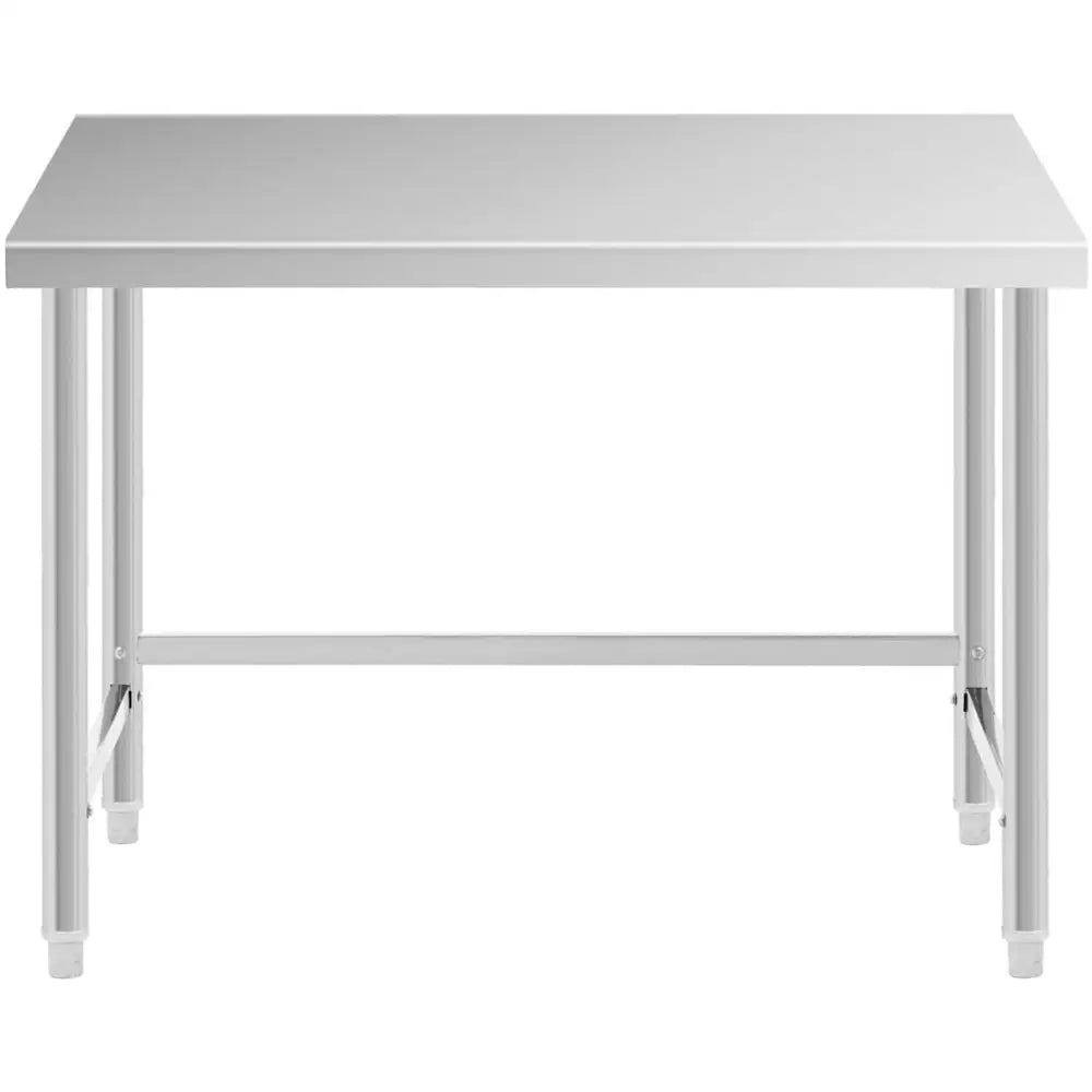 Arbeidsbord med sentral stålplate, frontvisning som fremhever matt sølvfinish og solid støttebjelke mellom beina.