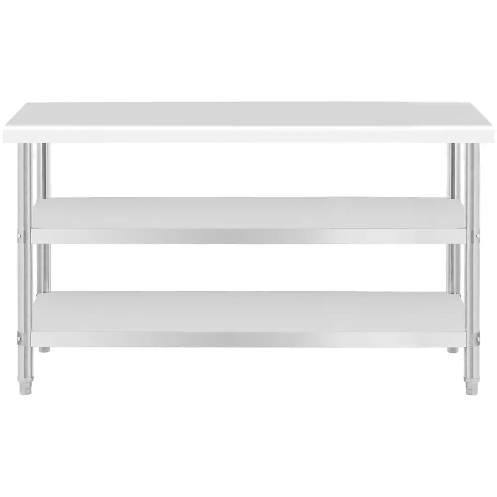 Arbeidsbord i stål med to åpne hyller, sett rett forfra, viser robust konstruksjon og glatt bordplate.