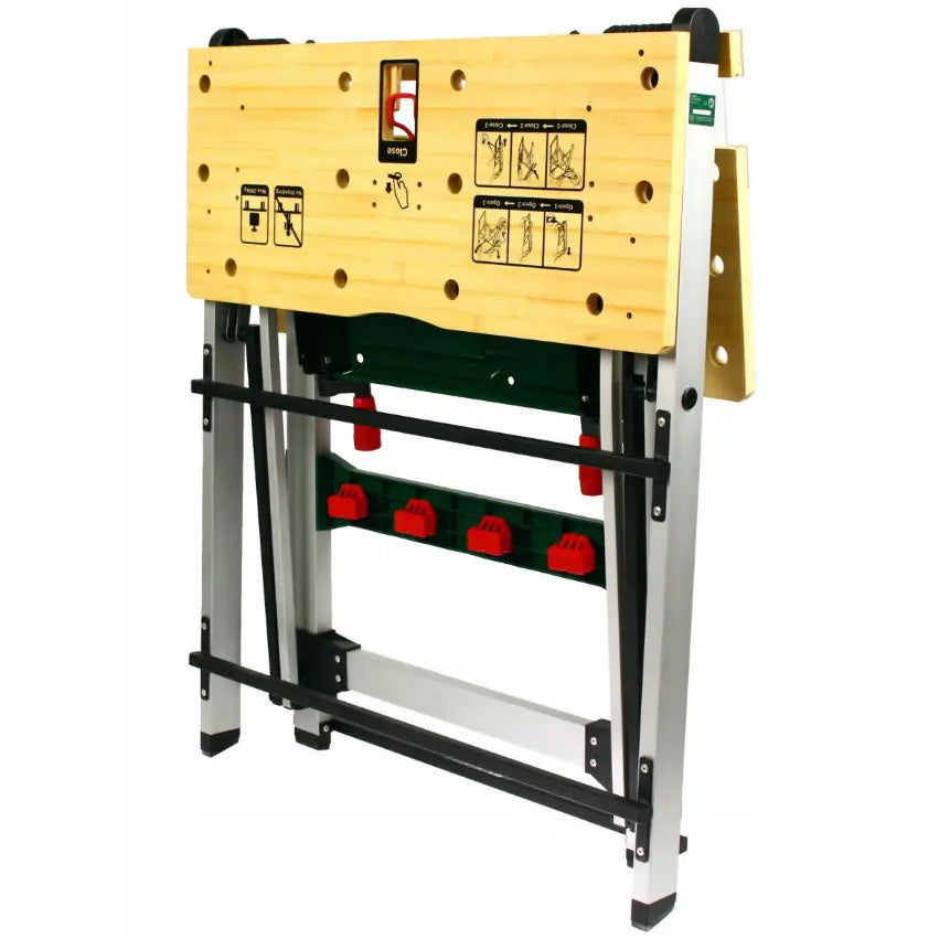 Arbeidsbord Pwb 600 Bosch, sidevisning som fremhever instruksjoner, symboler og røde festedetaljer under platen.