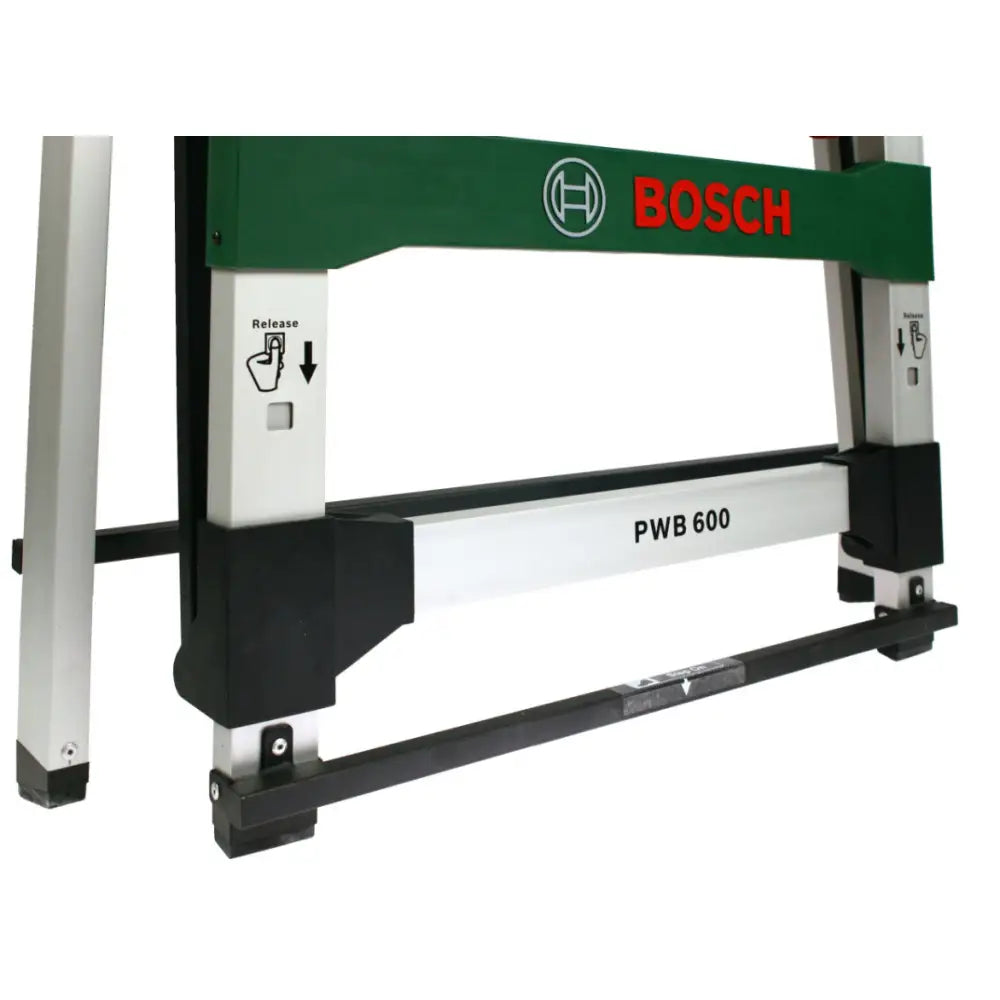 Arbeidsbord Pwb 600 Bosch, sidebilde med grønn logo, modellnummer og tydelige frigjøringsknapper med piler.