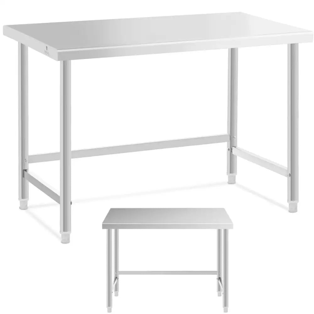 Arbeidsbord i rustfritt stål 120x60 cm, skrå frontvisning med rette ben og solide støttebjelker under platen.
