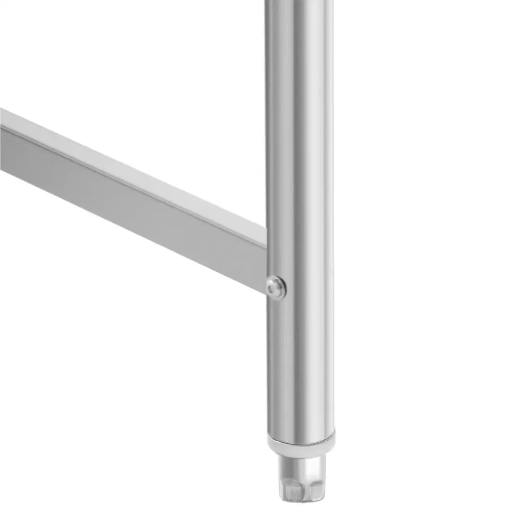 Arbeidsbord rustfritt stål, detaljert nærbilde av ben med justerbar plastfot og tverrstang med skrue.