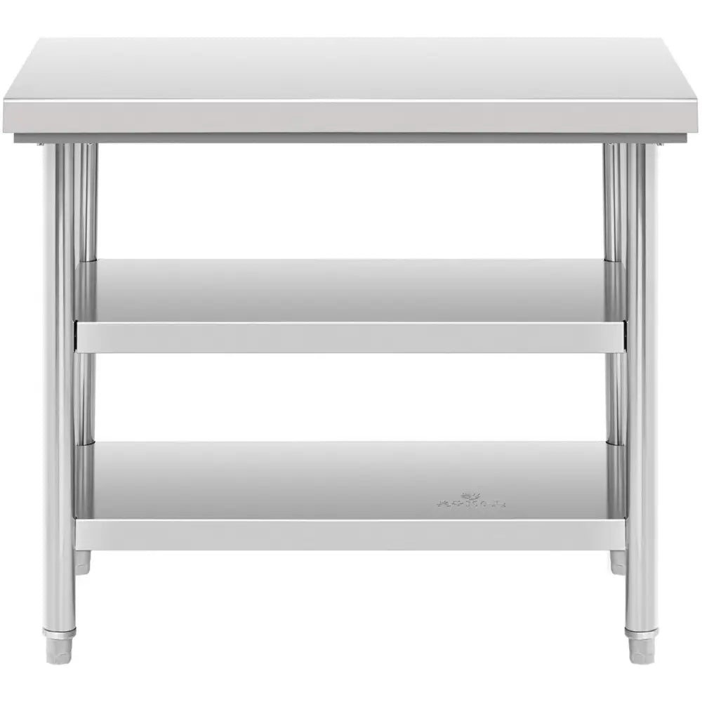 Arbeidsbord i rustfritt stål, frontbilde med to åpne hyller og runde ben med plastføtter.