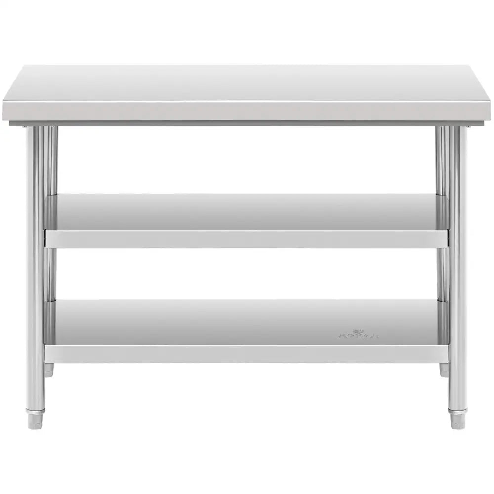 Arbeidsbord i rustfritt stål 120x70 cm, frontvisning med to åpne hyller og runde ben i blankt metall.