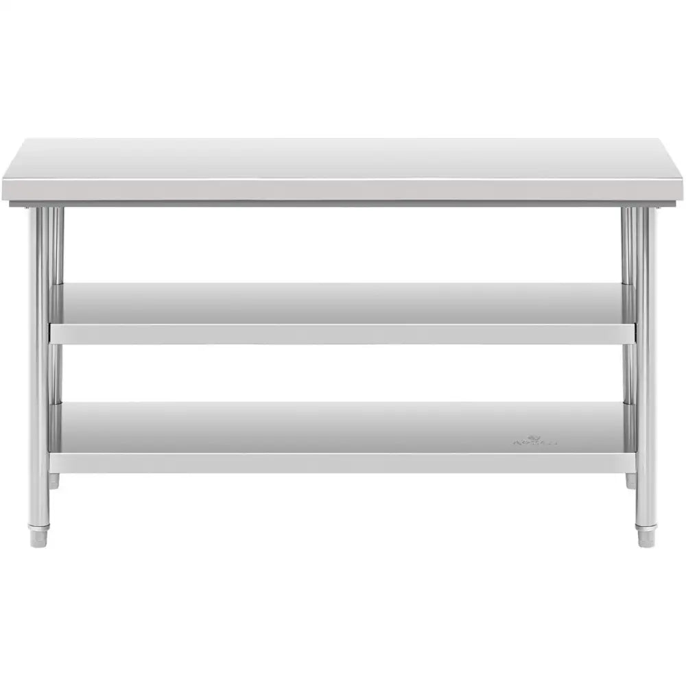 Arbeidsbord i rustfritt stål, frontvisning med to åpne hyller og glatt overflate i børstet finish.