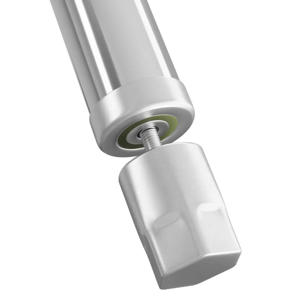 Rustfri metallstang med gjenger og avtakbar ende, detaljert visning av skrumekanismen mot hvit bakgrunn.