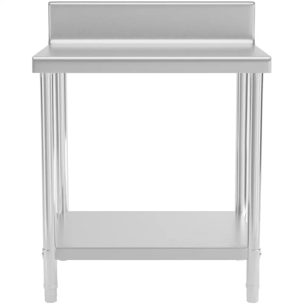 Arbeidsbord i rustfritt stål, frontbilde som viser opphøyd bakkant, underhylle og solide runde bein.