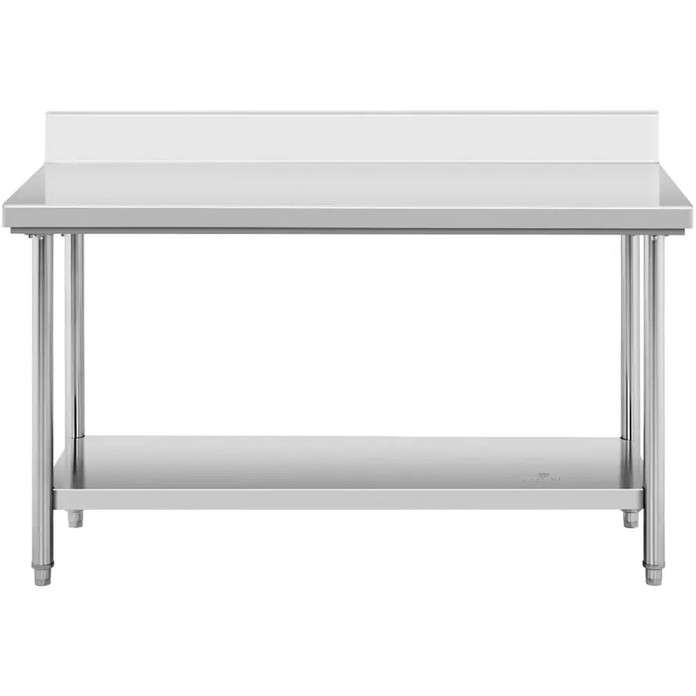 Arbeidsbord i rustfritt stål, frontvisning med oppkant bak og praktisk underhylle for oppbevaring.