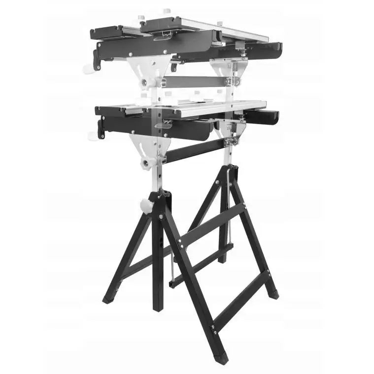 Arbeidsbord Ryobi, sidevisning av sammenleggbart stativ med markert justerbar høyde og sølvfargede detaljer.