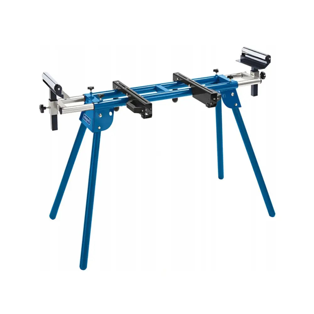 Arbeidsbord i blått metall, sidevisning som fremhever justerbare endestopper og robust midtskinne.