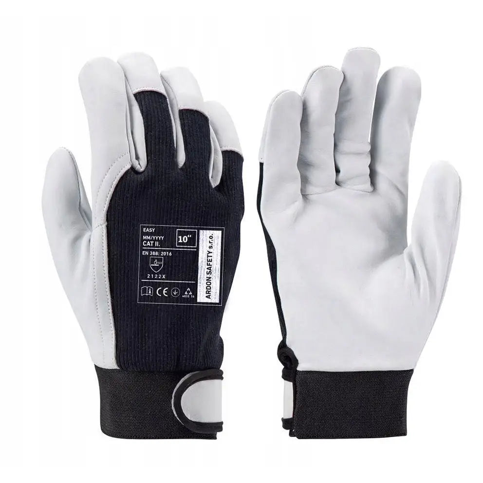 Arbeidshansker med lysegrått syntetisk materiale, svart håndbak og borrelås, sett fra begge sider.