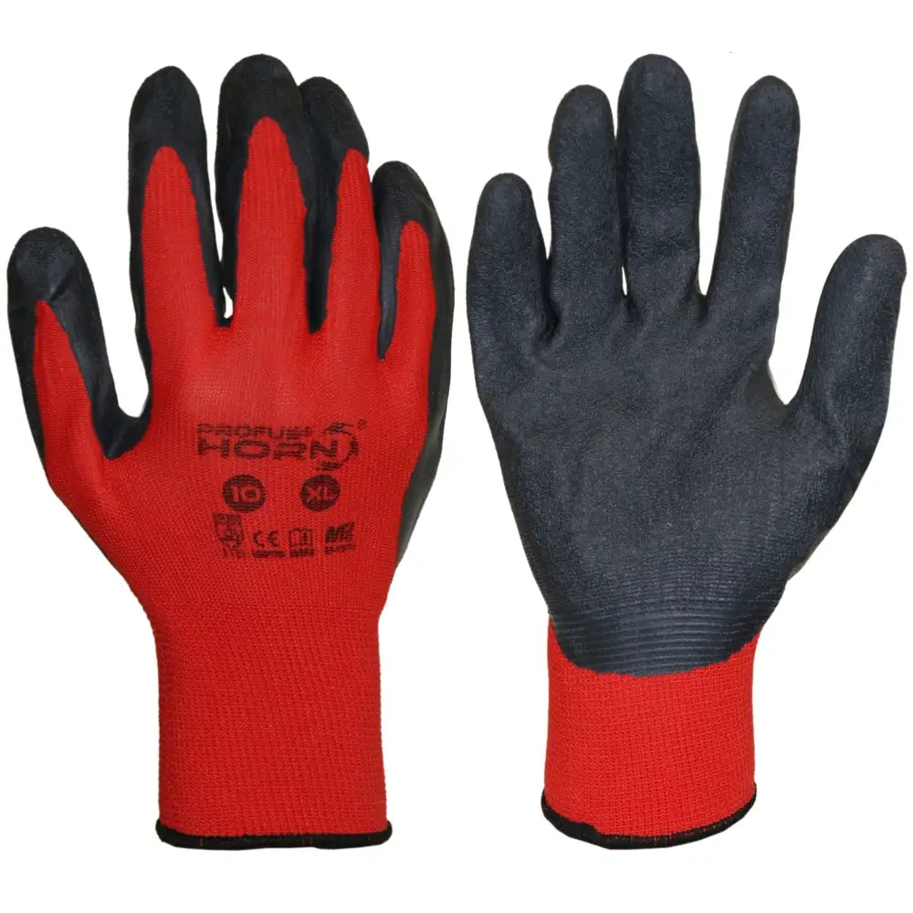 Arbeidshansker Blue Bird størrelse 7, sett forfra og bakfra med rød overside og svart belegg i håndflate og fingertupper.