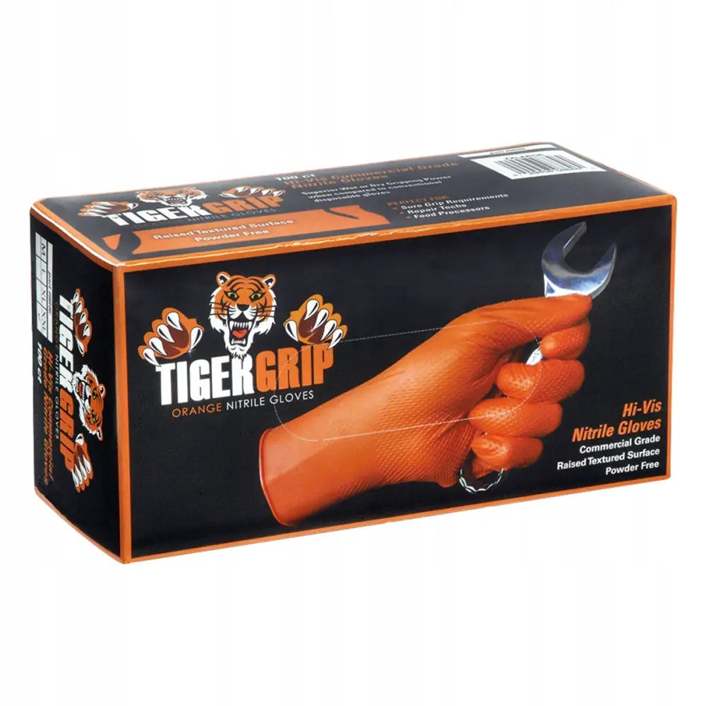 Eske med Tigergrip arbeidshansker XL, oransje hanske holder skiftenøkkel, sort og oransje emballasje.