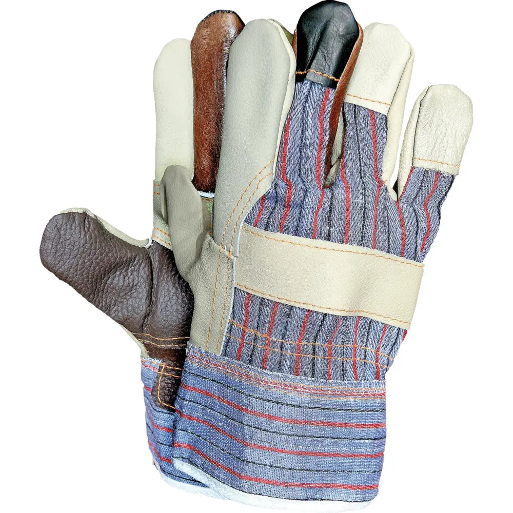 Arbeidshanske i lær, sett ovenfra med grått stripete stoff, lyse skinnfelt og mørkebrune fingertupper.