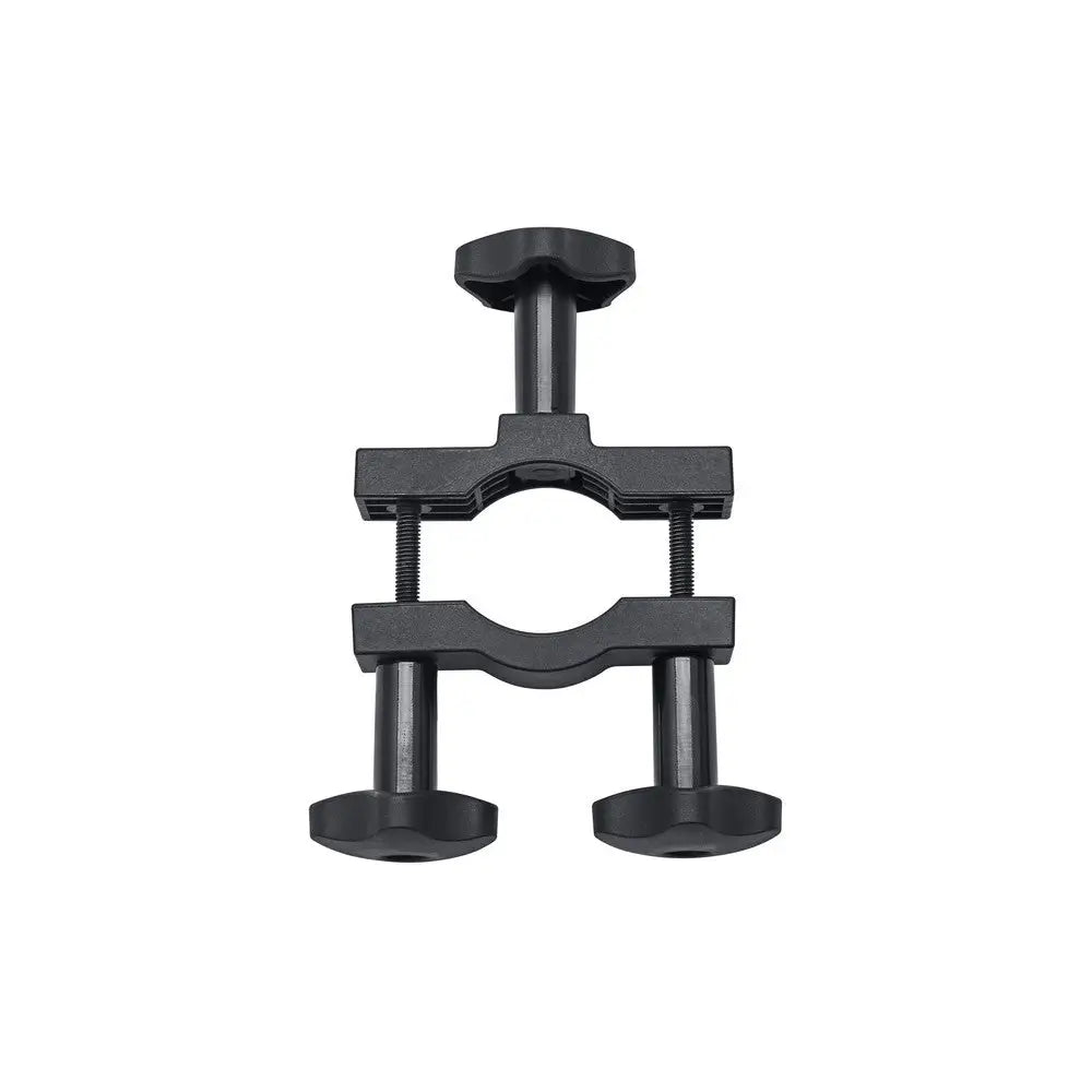 Justerbar sort klemme med tre håndskruer og rund åpning, designet for feste av arbeidslys på rør eller stang.