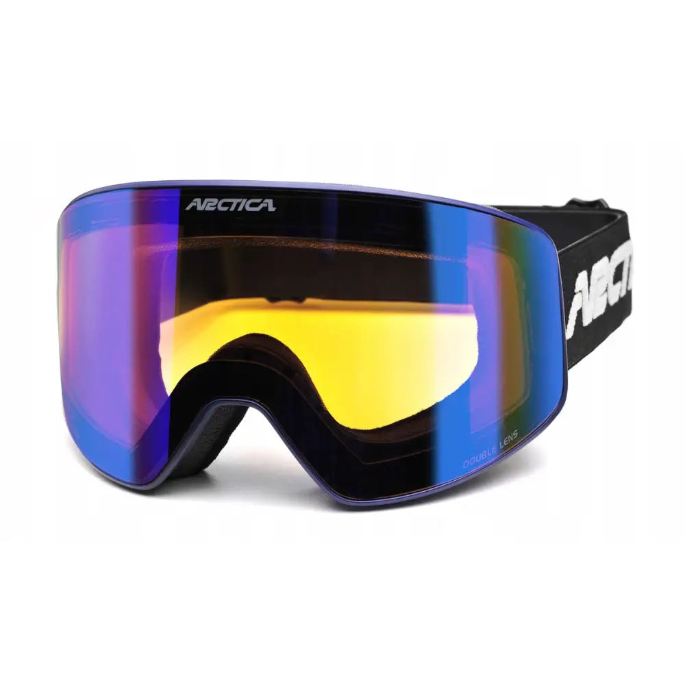 Arctica G114B skibriller med blått og gult speilglass, sort ramme og stropp, sett fra skrå front.