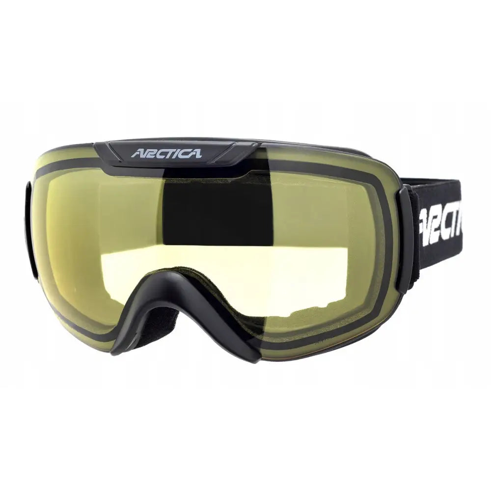 Arctica skibriller med gule speilglass, sort ramme og bred stropp med hvit logo, nærbilde forfra.