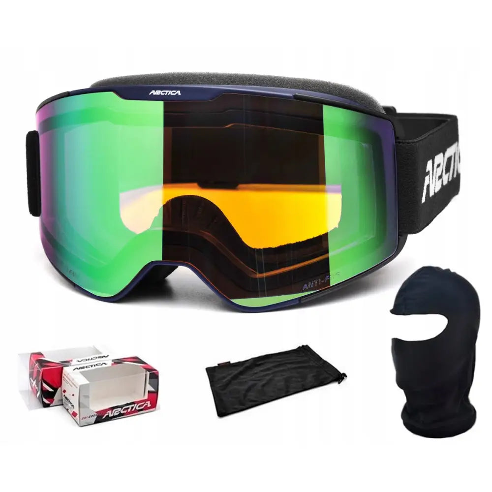 Arctica skibriller G med grønn-gul speillinse, sort balaklava, oppbevaringspose og eske, sett forfra.