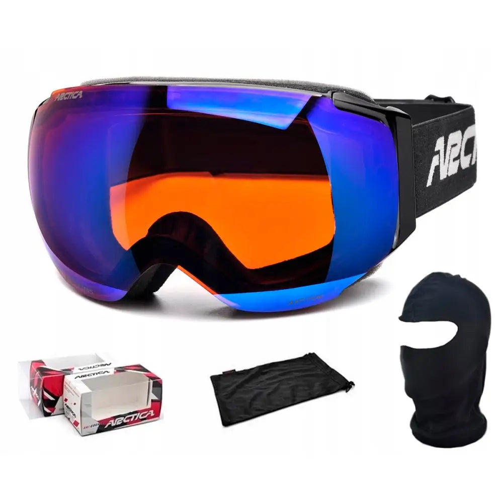 Arctica skibriller G101A med blå-oransje speilglass, sort bånd, balaklava og oppbevaringspose.