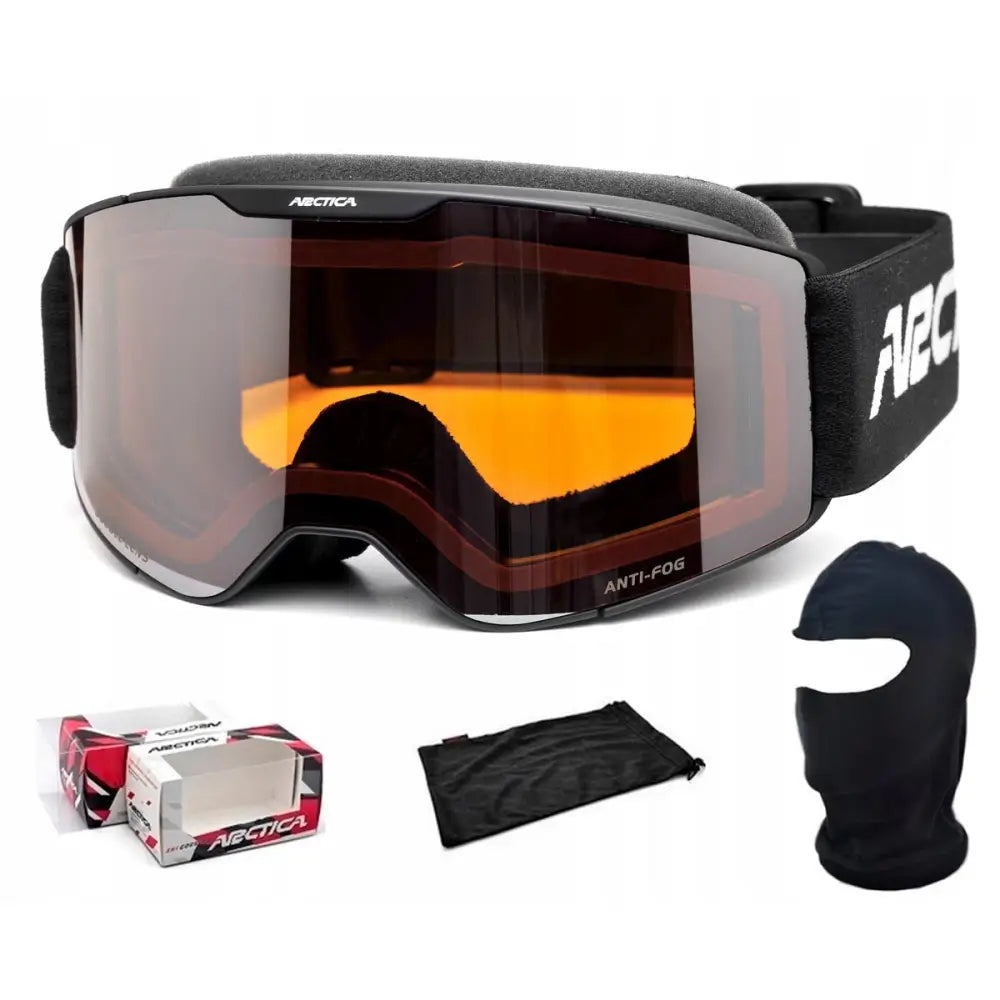 Arctica skibriller G116 med oransje glass, sort stropp, balaklava, eske og oppbevaringspose, frontvisning.